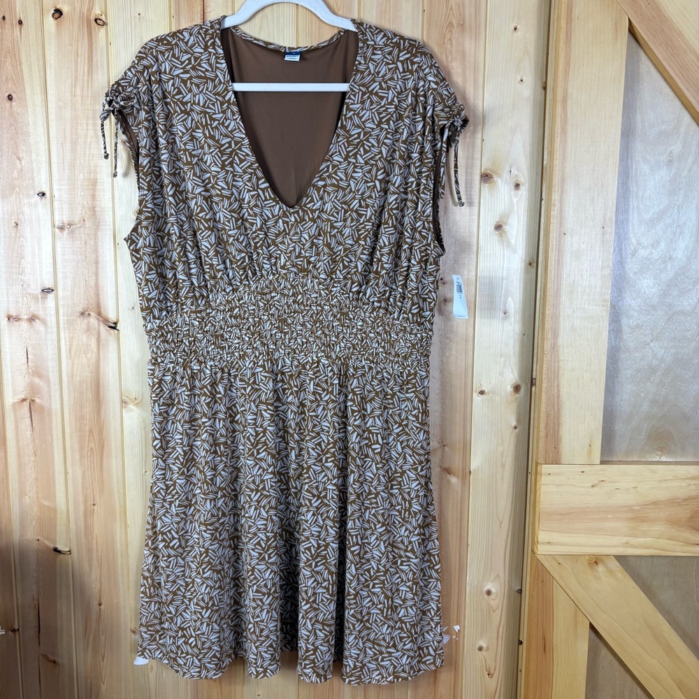 Old Navy Brown Smocked Mesh Mini Dress Defined Waist Tie Shoulder Size XL Earthy
